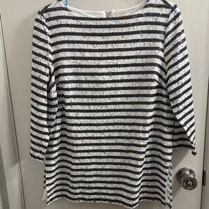 Striped Lace-Overlay Boatneck Top - White & Black